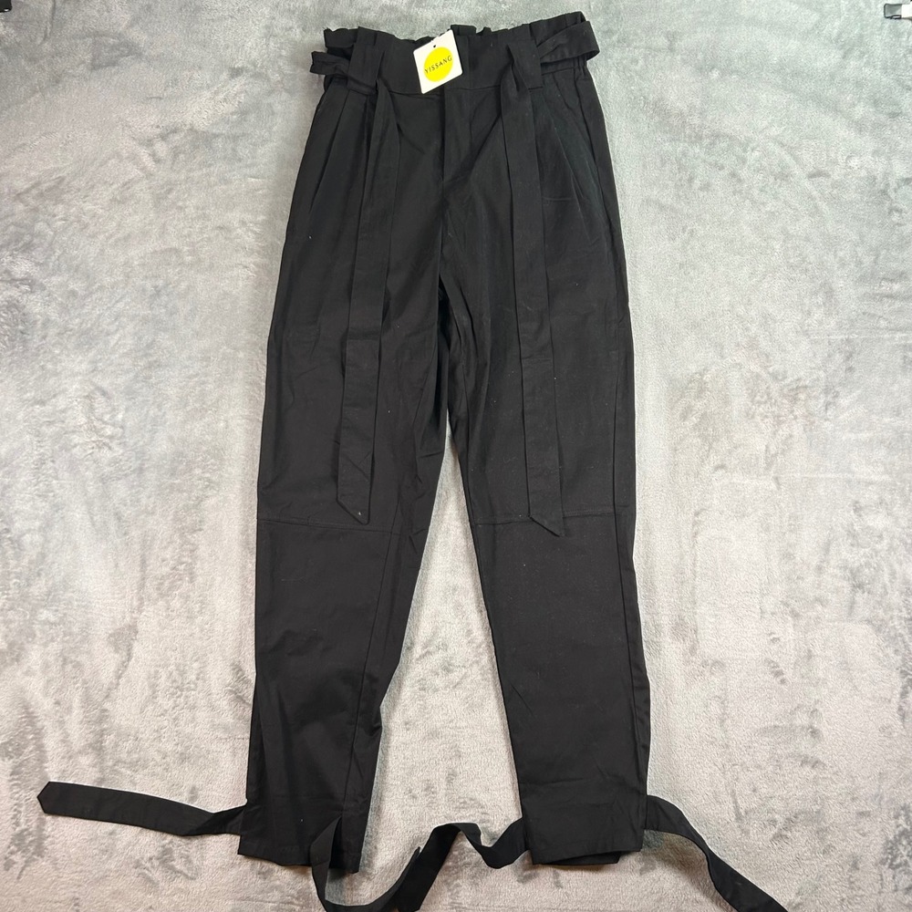 Yissang Black Paperbag Waist Tapered Pants with Ankle Ties Size M NEW
